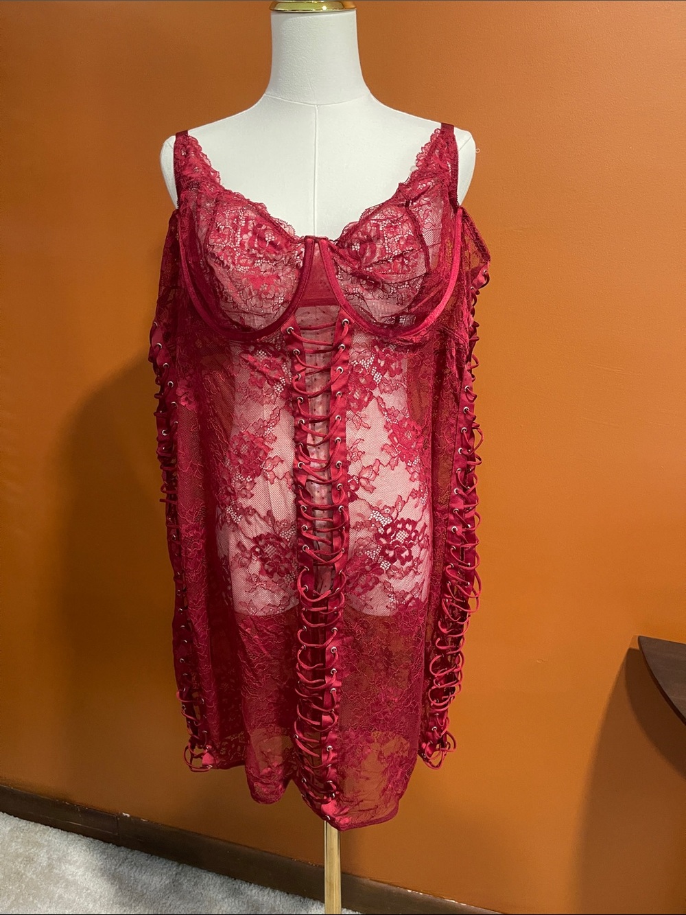 torrid Red Lace Sheer Chemise with Front Lace-Up